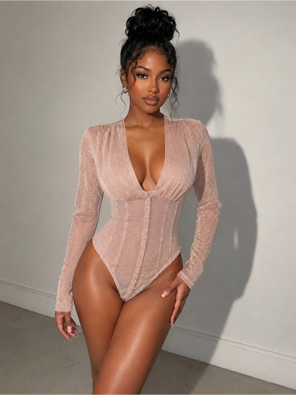 Ribbed Sheer V-Neck Long Sleeve Bodysuit - Blush
